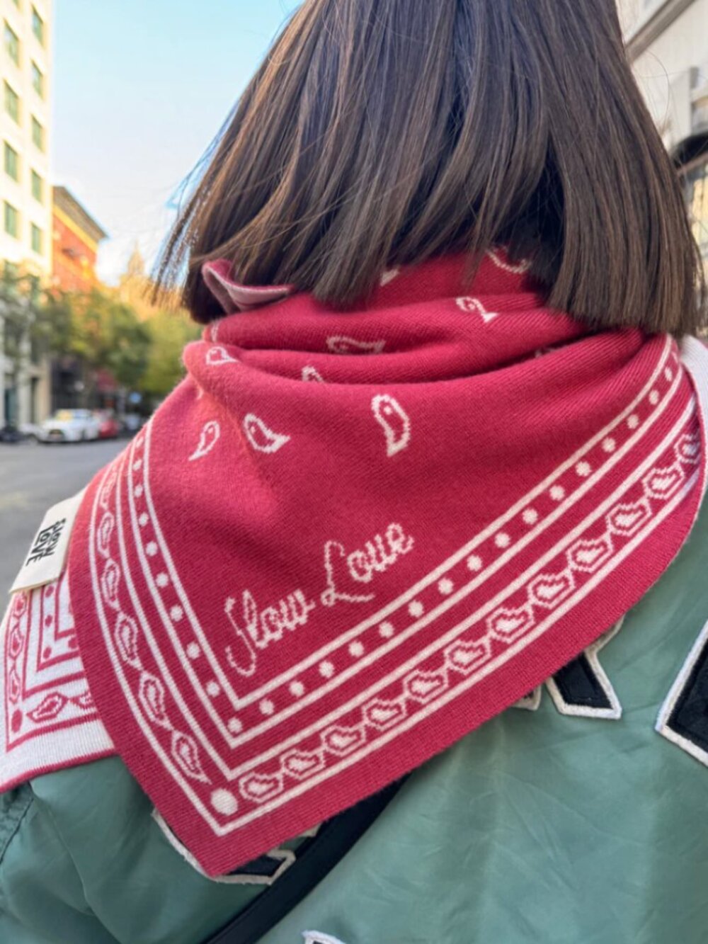Slow Love Merino Wool Bandana Scarf – Red / Cream